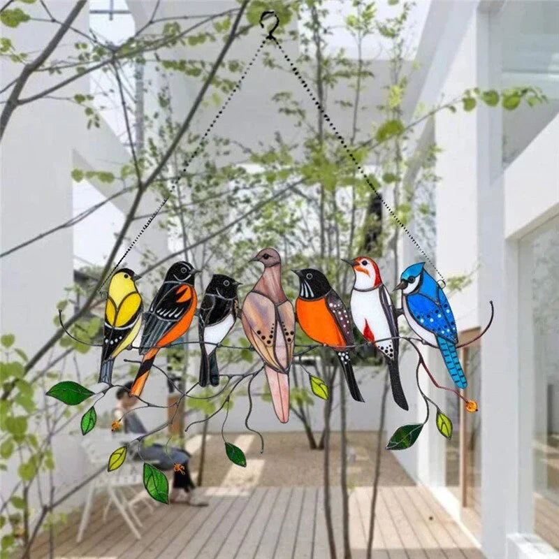 Stained Glass Bird Suncatcher Met Kleurrijke Vogels