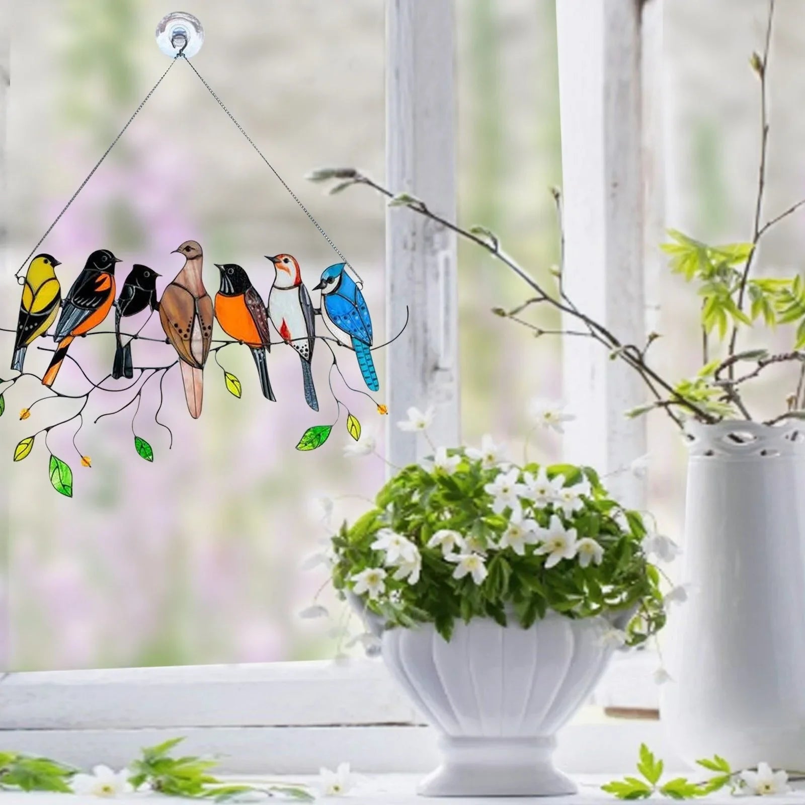 Stained Glass Bird Suncatcher Met Kleurrijke Vogels