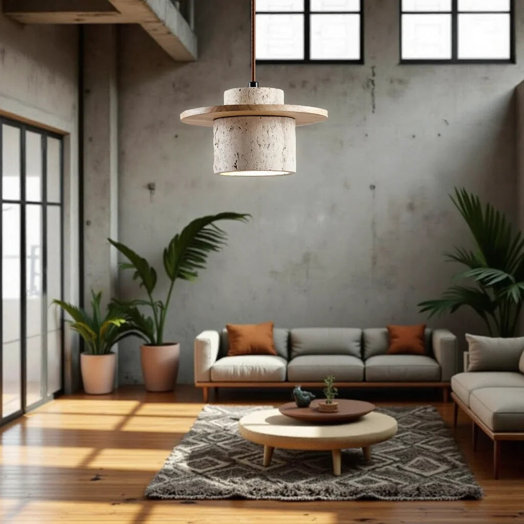 Hanglamp van Travertijn en Hout voor Rustige Sfeerverlichting in Huis