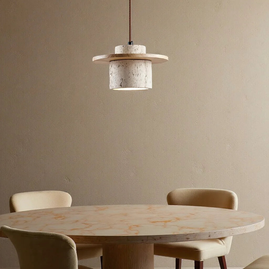 Hanglamp van Travertijn en Hout voor Rustige Sfeerverlichting in Huis