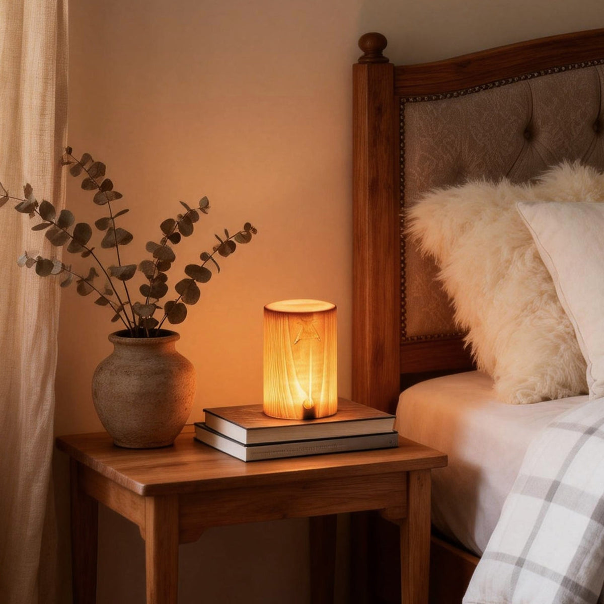 Houten Tafellamp Met Warm Licht En Snoerloos Ontwerp Voor Gezellige Hoeken