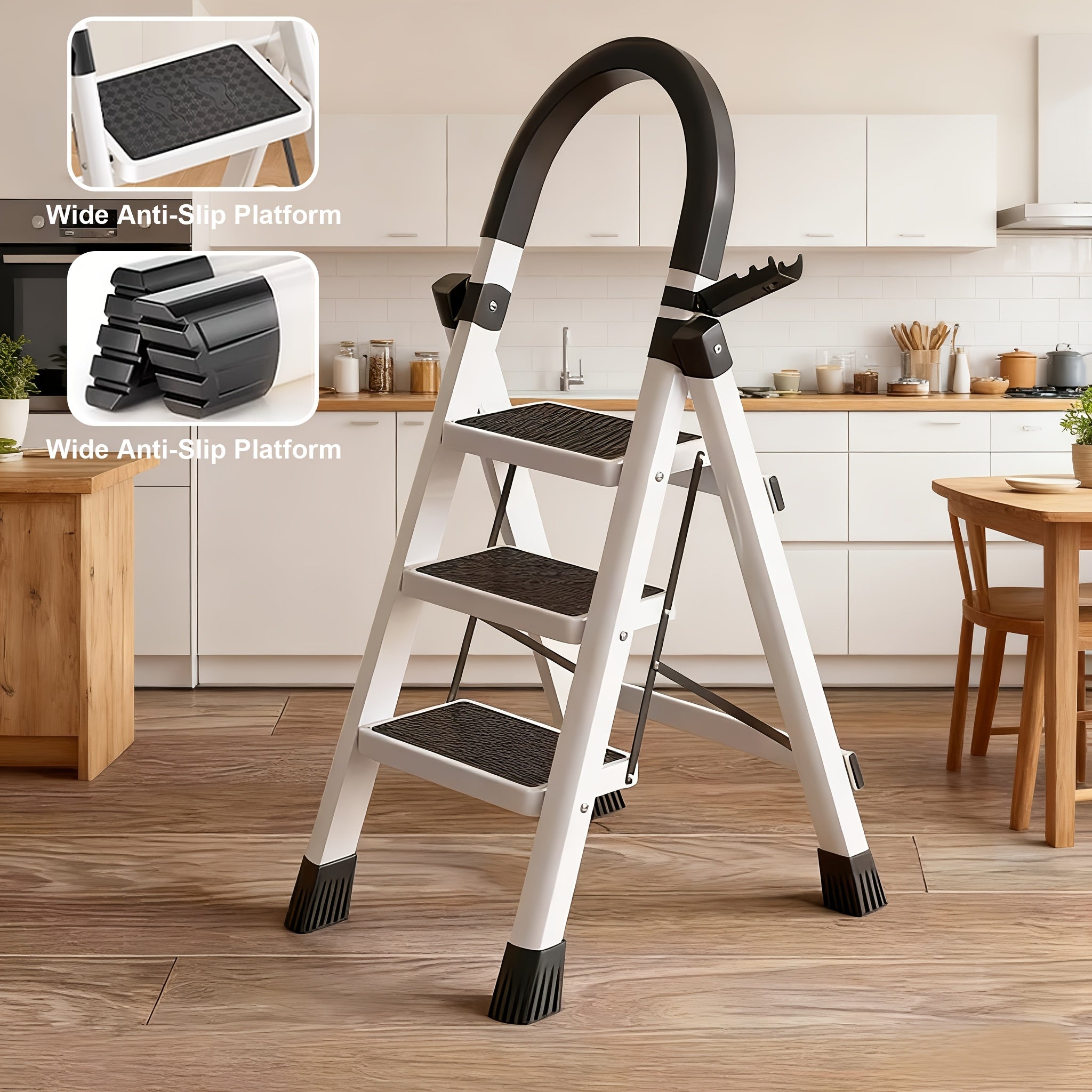 Opvouwbare Huishoudtrap met 3 Treden en Brede Antislip Pedalen