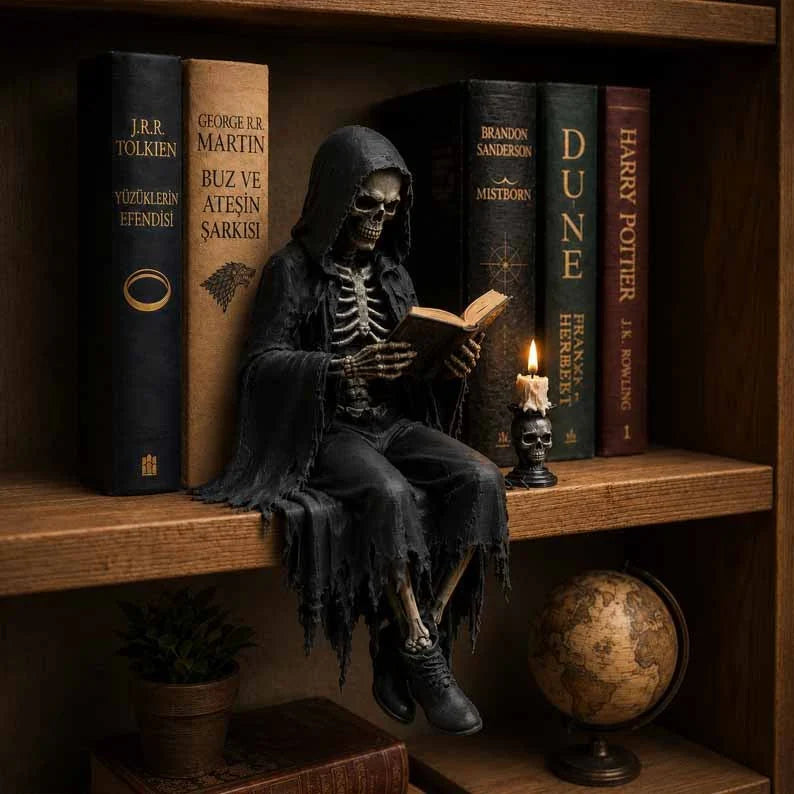 Harsfigurine met Gehuld Silhouet en Open Boek voor Dark Academia Sfeer