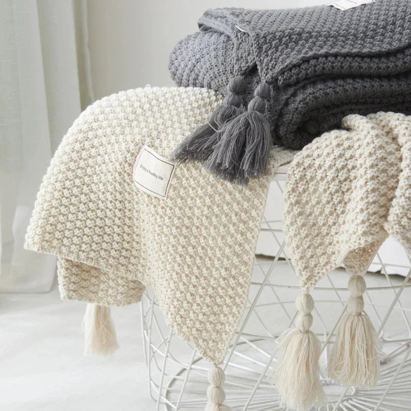 Gebreide Plaid van Wol met Kwasten voor Bank en Bed