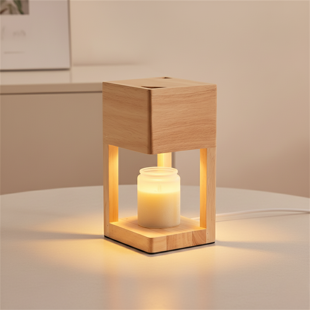 Houten Tafellamp met Warme LED‑Sfeerverlichting en Waxverwarmer
