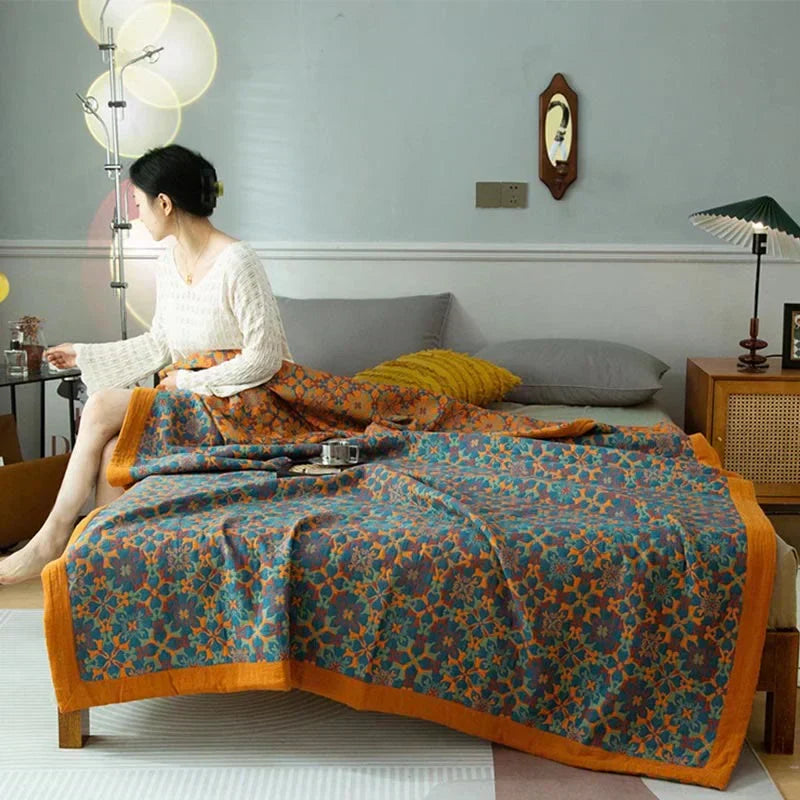 Katoenen Sprei met Bloemenmotief en Meerlaagse Gaasstructuur
