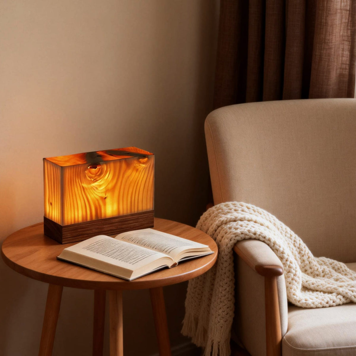 Houten Tafellamp Met Warm Licht En Snoerloos Ontwerp Voor Gezellige Hoeken