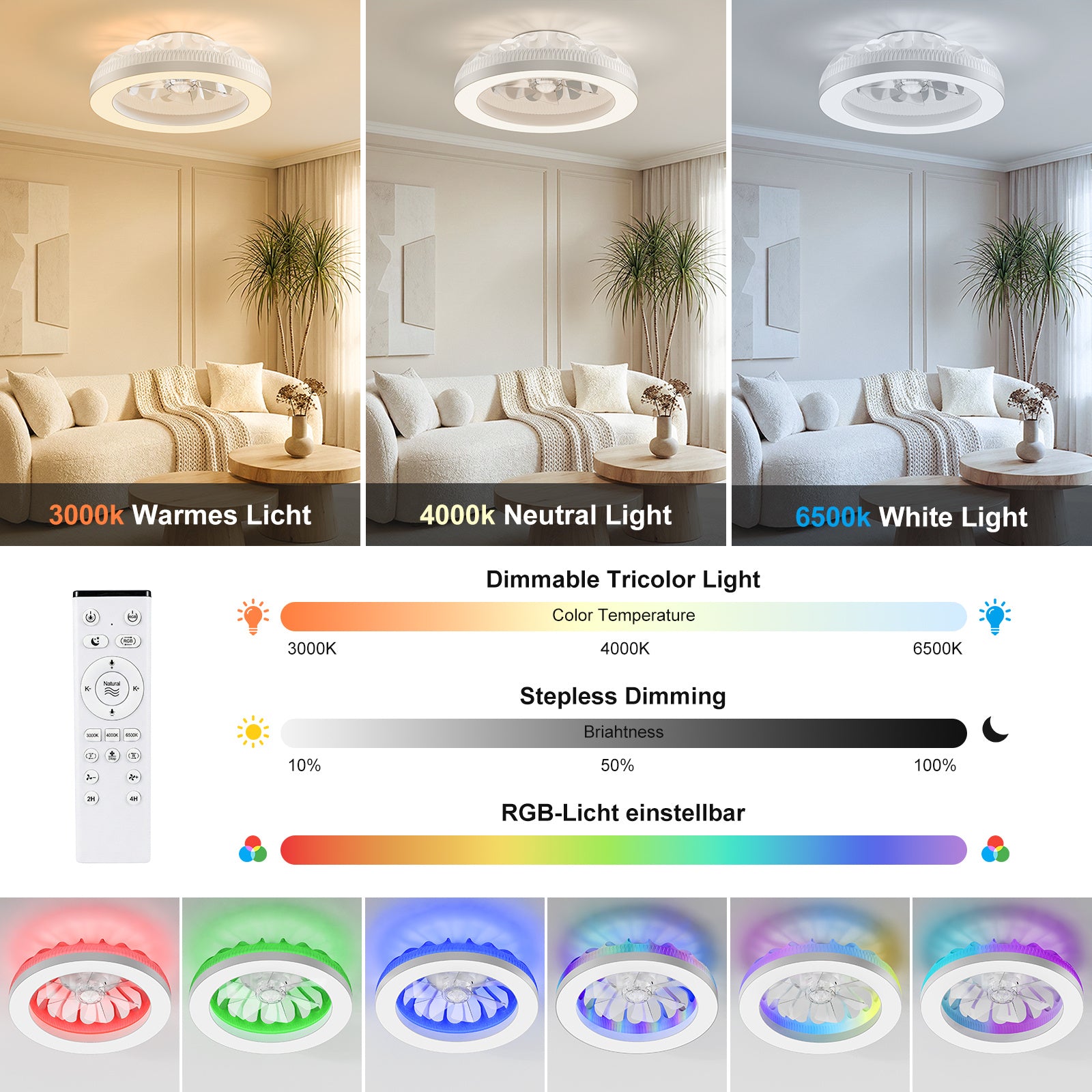 Plafondventilator met RGB LED-Verlichting en Dimbare Lamp voor Woonkamer