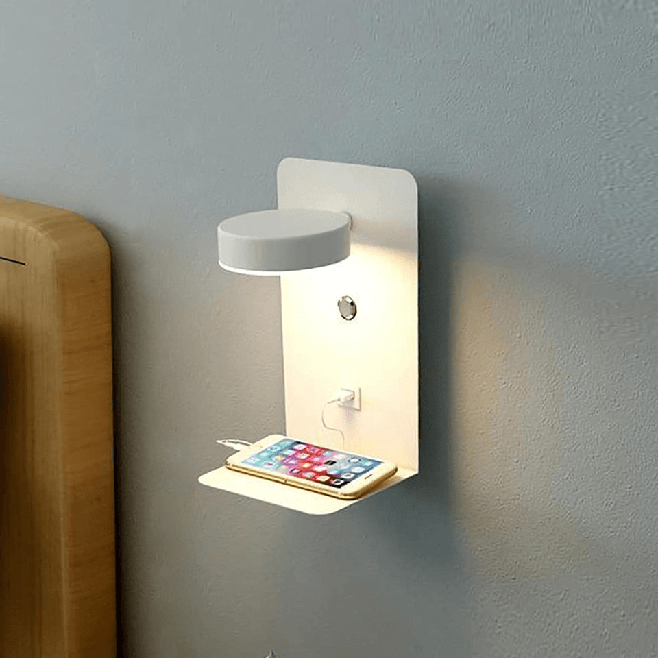 Wandlamp met Verstelbare LED‑Kop en Ingebouwde Plank met USB‑Voeding