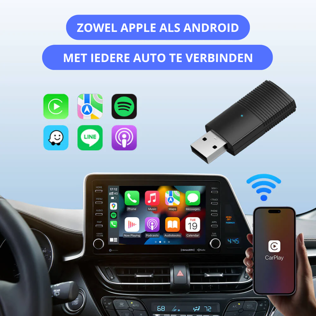 Draadloze CarPlay- en Android Auto-adapter met USB-aansluiting