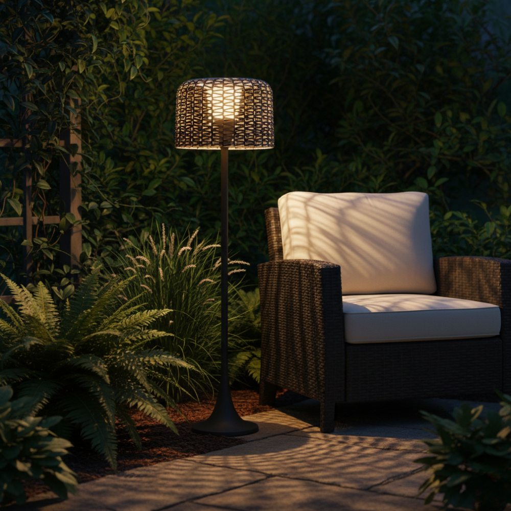 Buitenlamp met Gevlochten Kap en Warme Weerbestendige LED‑Sfeerverlichting