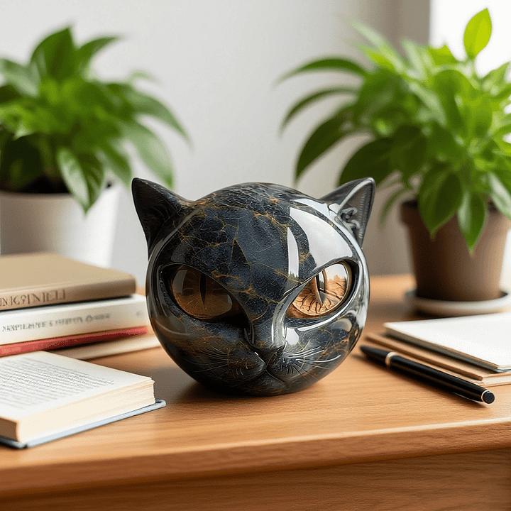 Decoratieve Kattenbeeld met Luxe Marmerlook en Mystieke Uitstraling