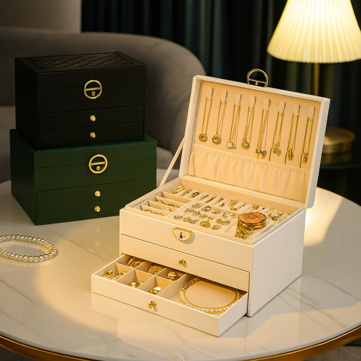 Luxe Sieradenorganizer met Drie Lagen, Lades en Velours Interieur voor Geordende Collecties