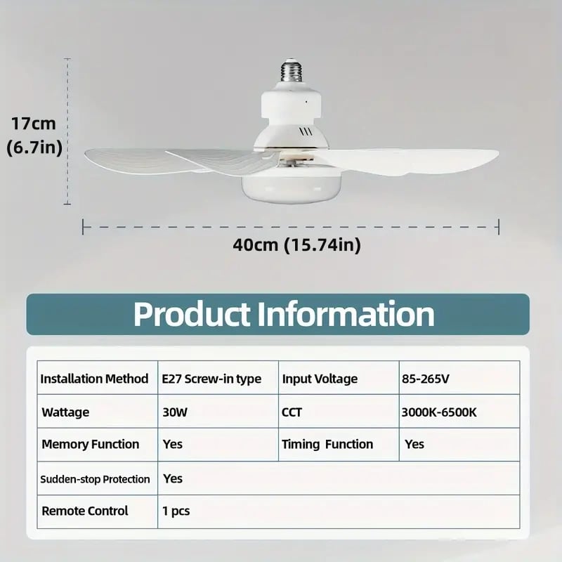 E27 plafondventilator met dimbare LED-lamp en afstandsbediening