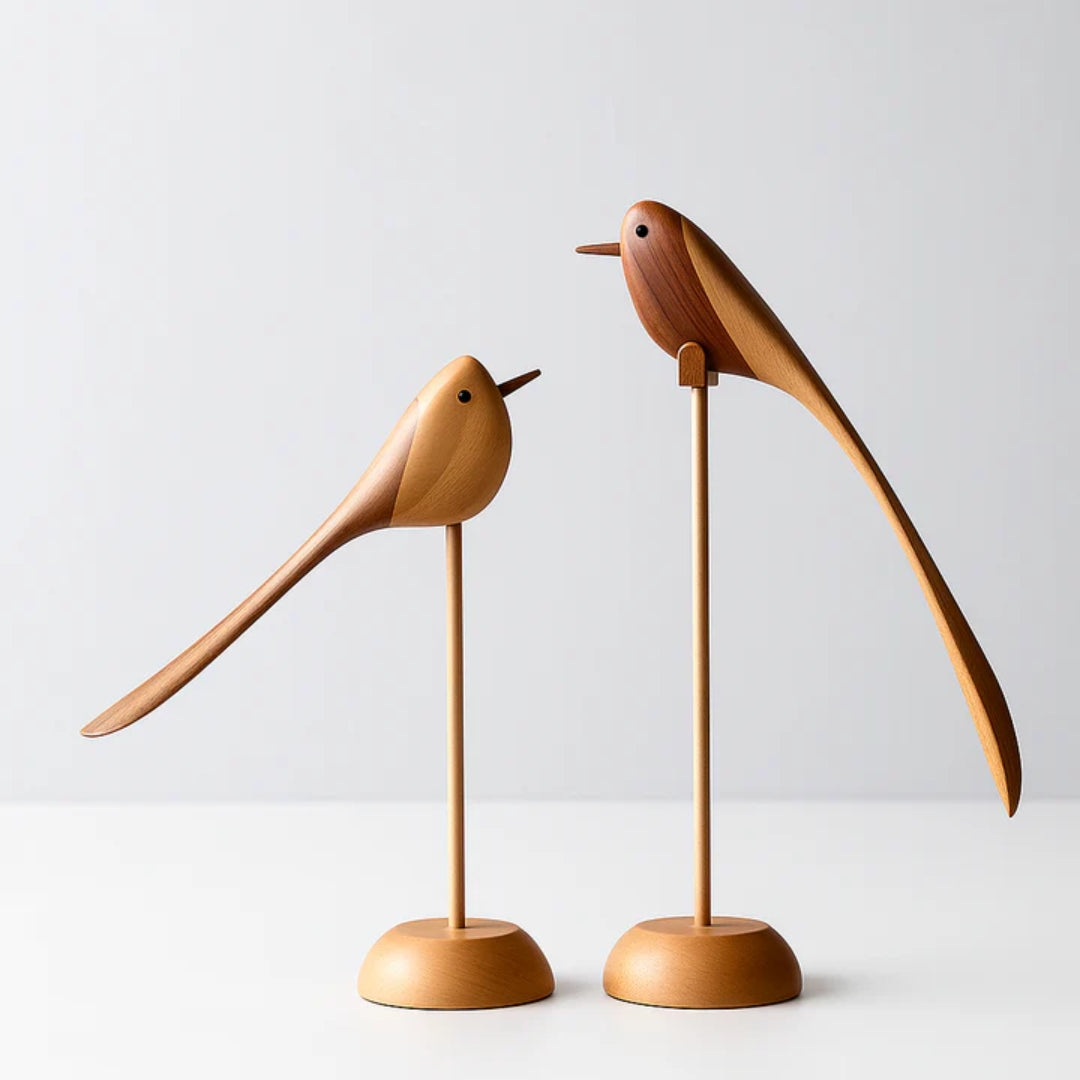 Scandinavische Houten Vogelsculpturen – Set van 2