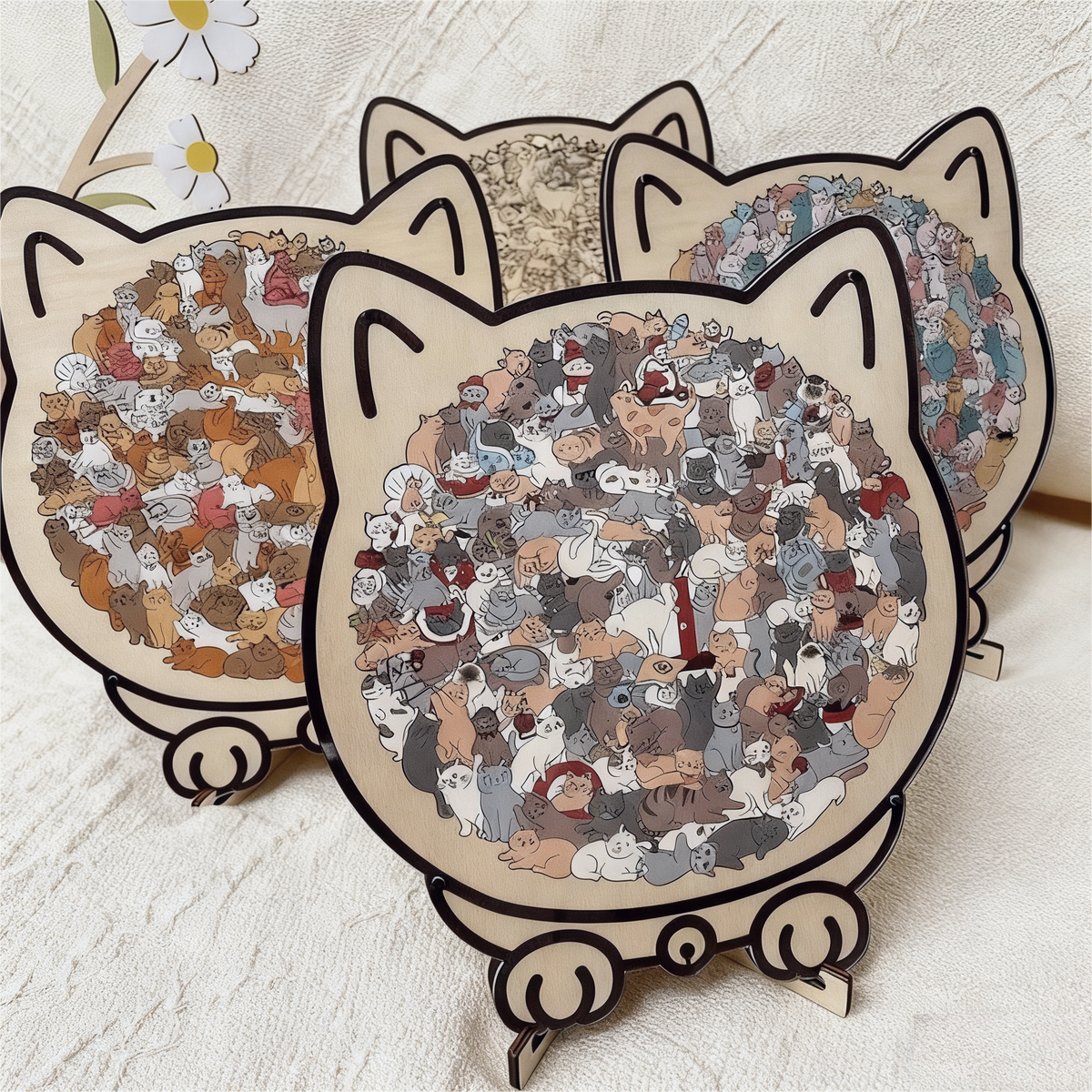 Rustgevende Houten Kattenpuzzel in Morandi‑kleuren