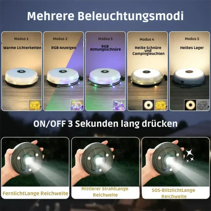 Oplaadbare campinglamp met RGB-lichtslinger
