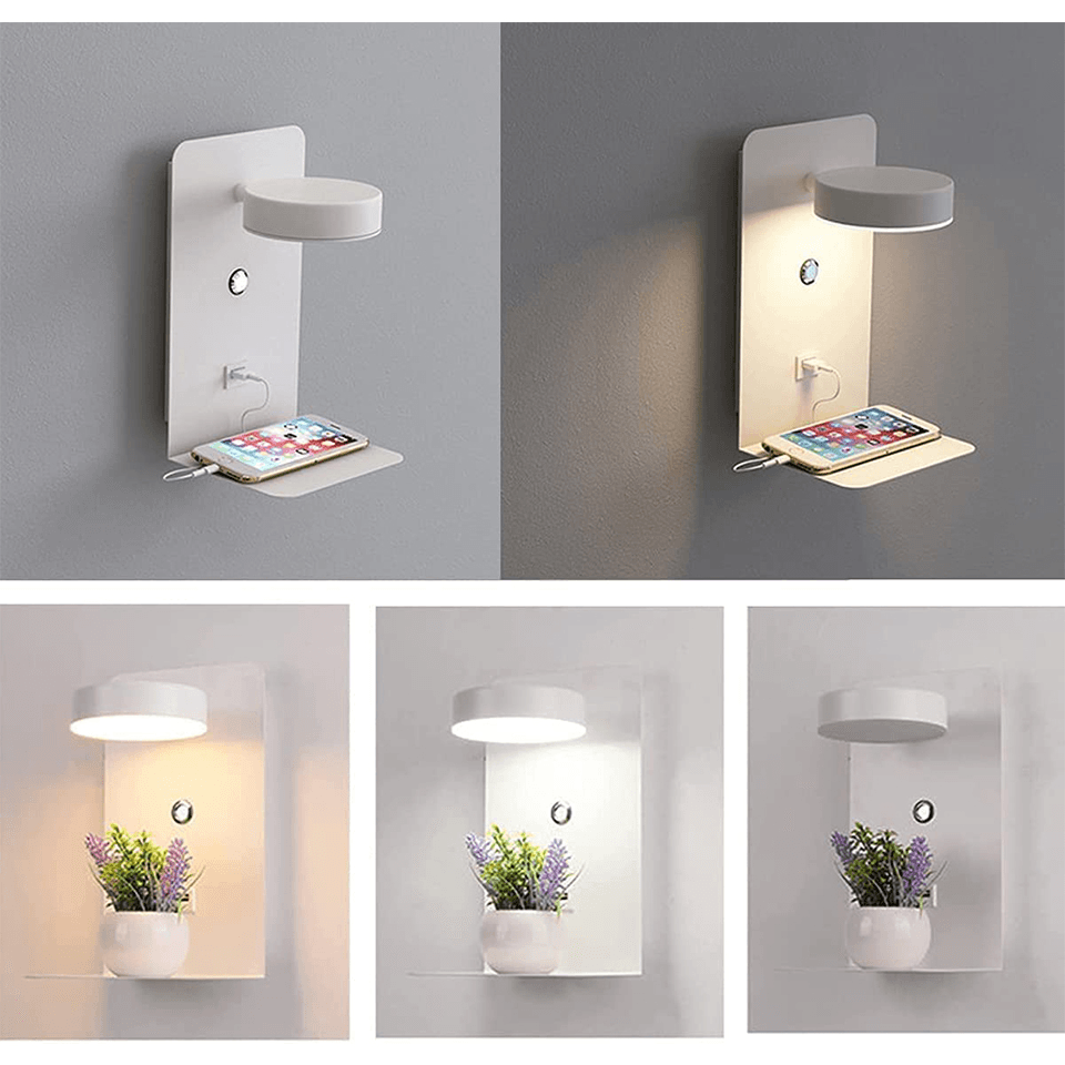 Wandlamp met Verstelbare LED‑Kop en Ingebouwde Plank met USB‑Voeding