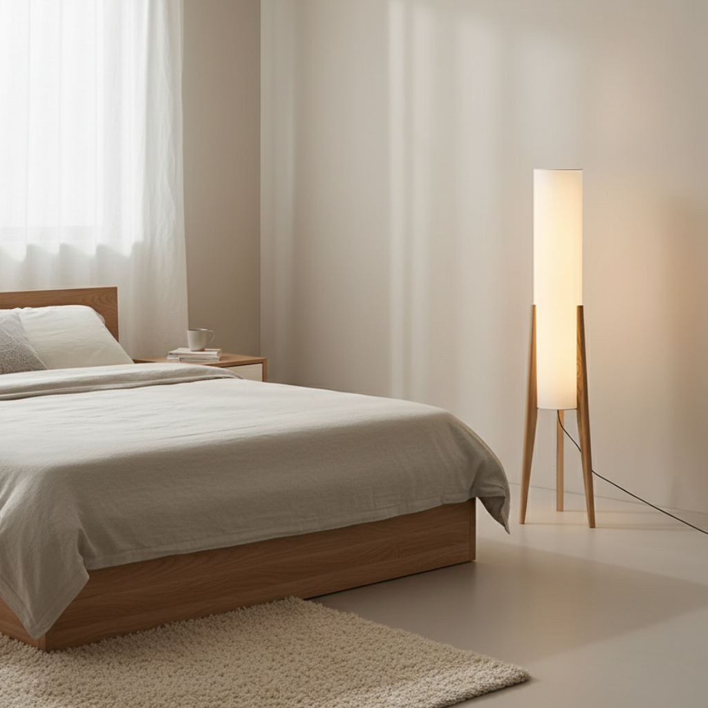 Vloerlamp met Houten Basis en Warme Dimbare LED‑Sfeerverlichting