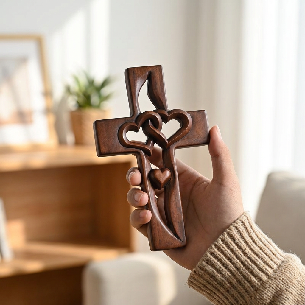 Wandkruis Hout Handgesneden Hartmotief Warm Decoratief Ontwerp