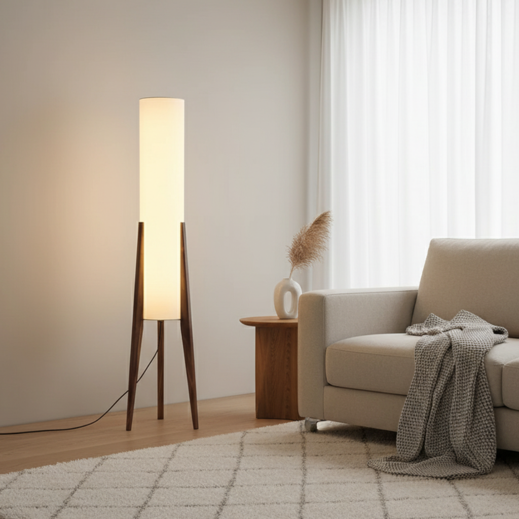 Vloerlamp met Houten Basis en Warme Dimbare LED‑Sfeerverlichting
