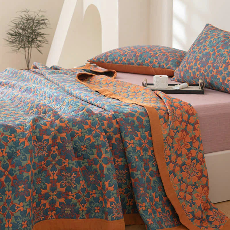 Katoenen Sprei met Bloemenmotief en Meerlaagse Gaasstructuur