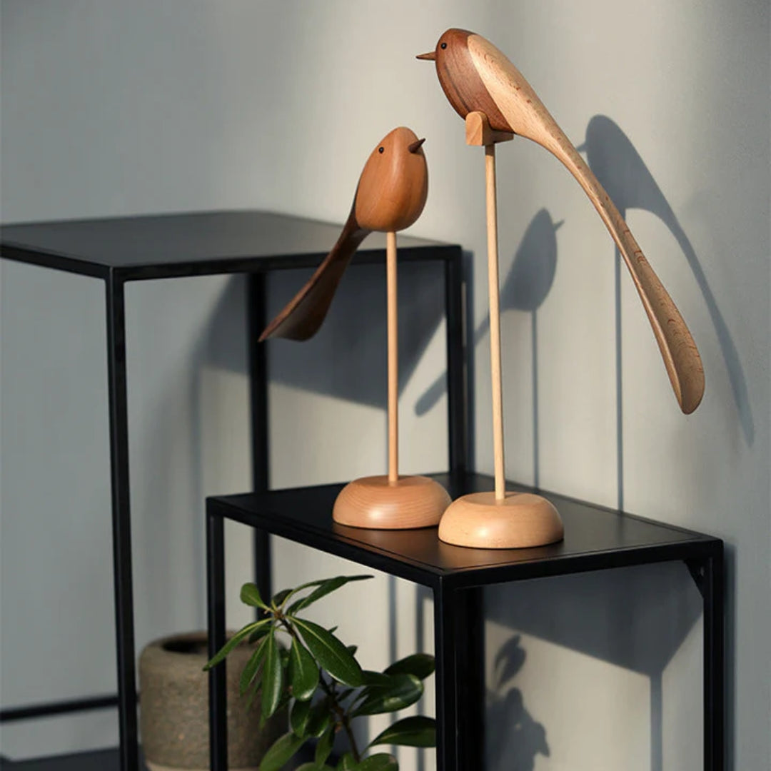 Scandinavische Houten Vogelsculpturen – Set van 2