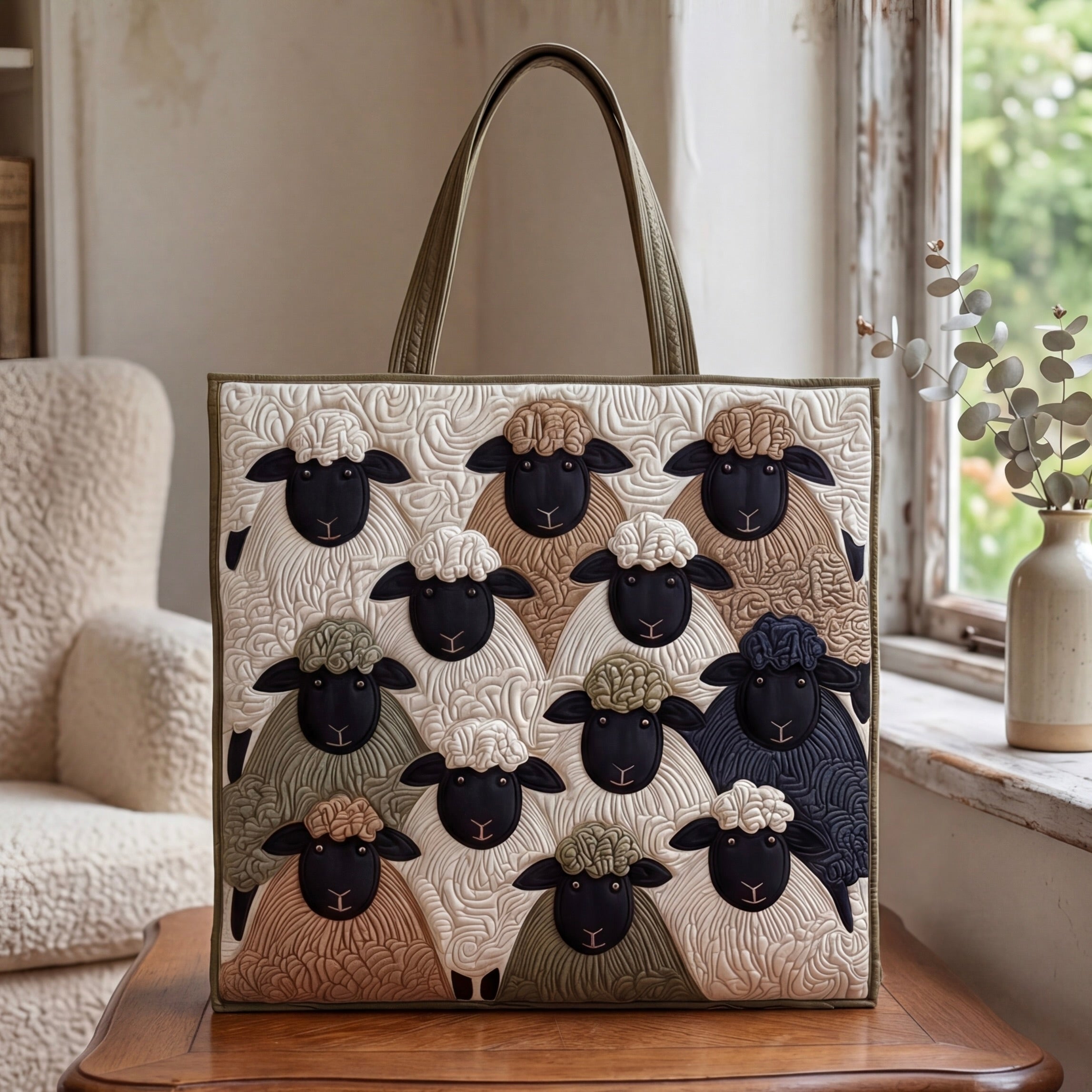 Handgequilt Schapen Tote met Ambachtelijke Constructie en Duurzame Draagkracht