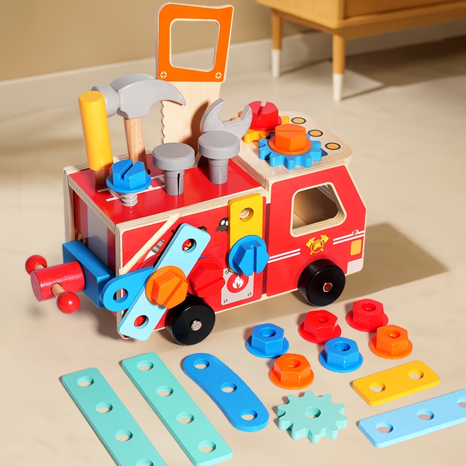 Montessori Houten Brandweerauto met Gereedschap voor Creatief Bouwplezier