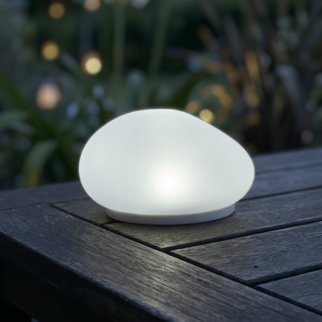 Steenlamp Op Zonne‑energie Met Warme Avondgloed Voor Natuurlijke Tuinsfeer