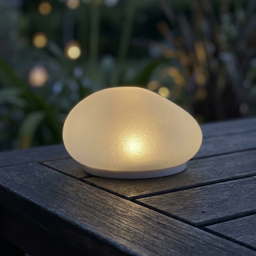 Steenlamp Op Zonne‑energie Met Warme Avondgloed Voor Natuurlijke Tuinsfeer