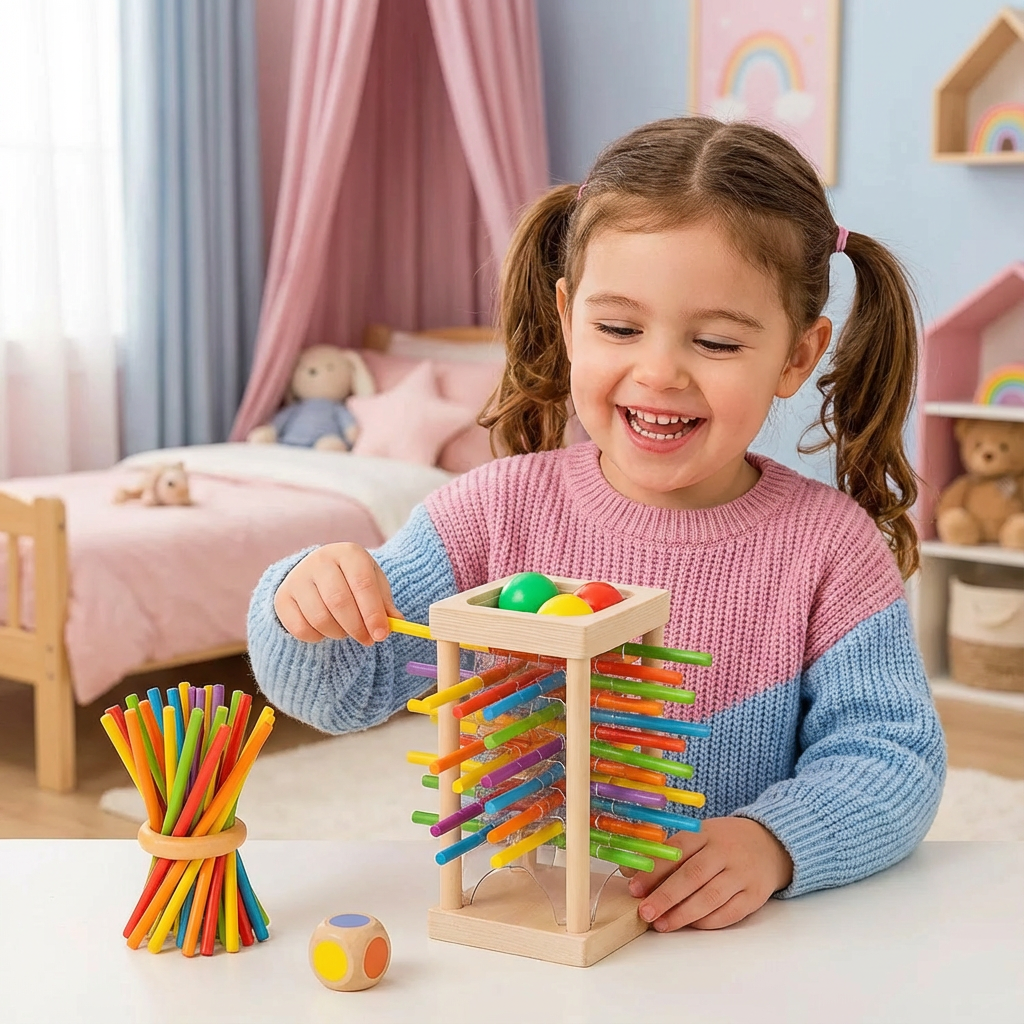 Houten 3-in-1 Spel Voor Behendigheid, Kleuren En Slim Denken