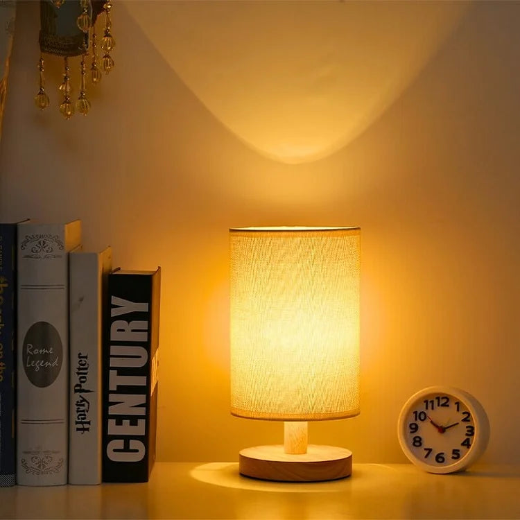 Houten Tafellamp met Linnen Kap en Dimbaar Ledlicht