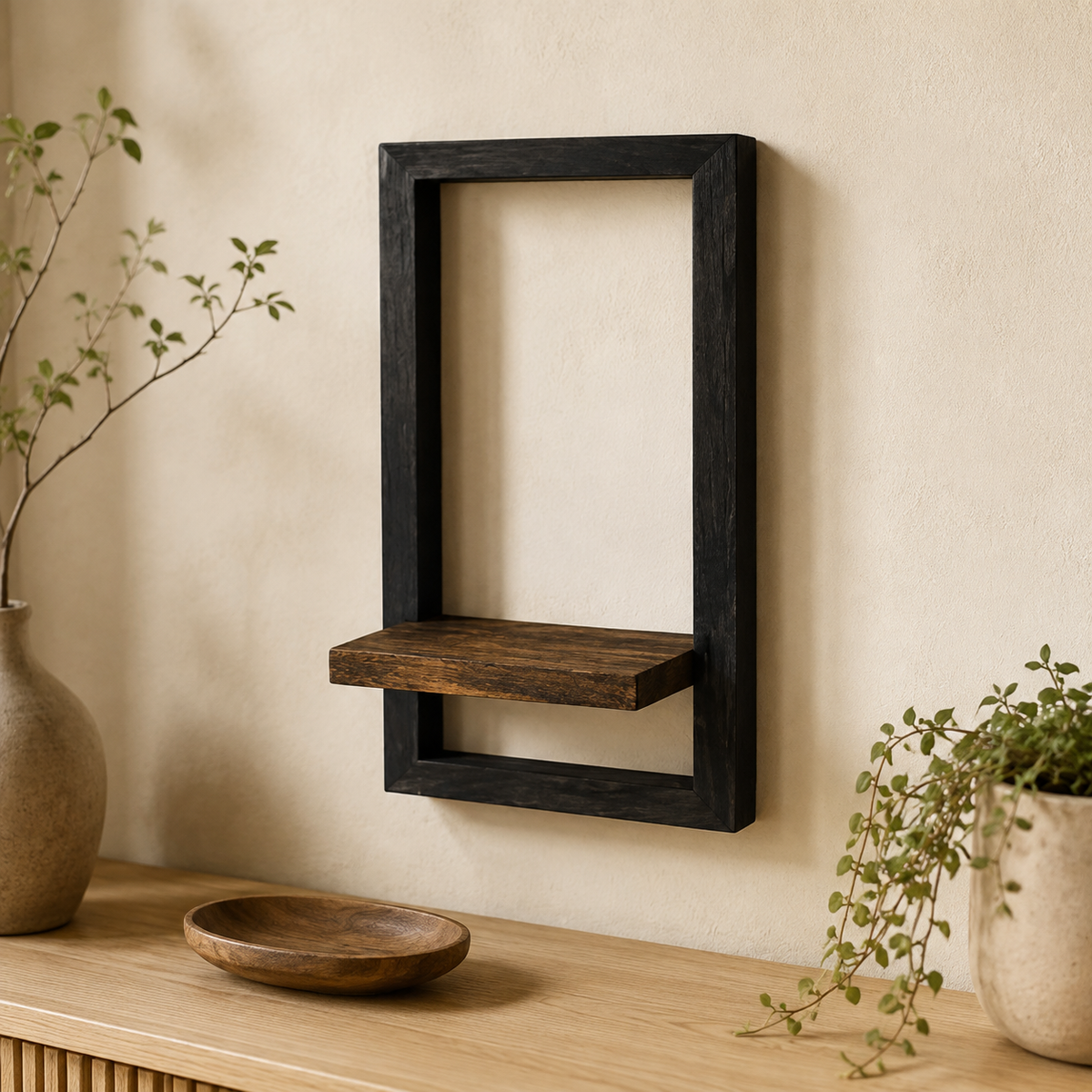 Acaciahouten Wandplank met Stalen Frame en Vintage Uitstraling