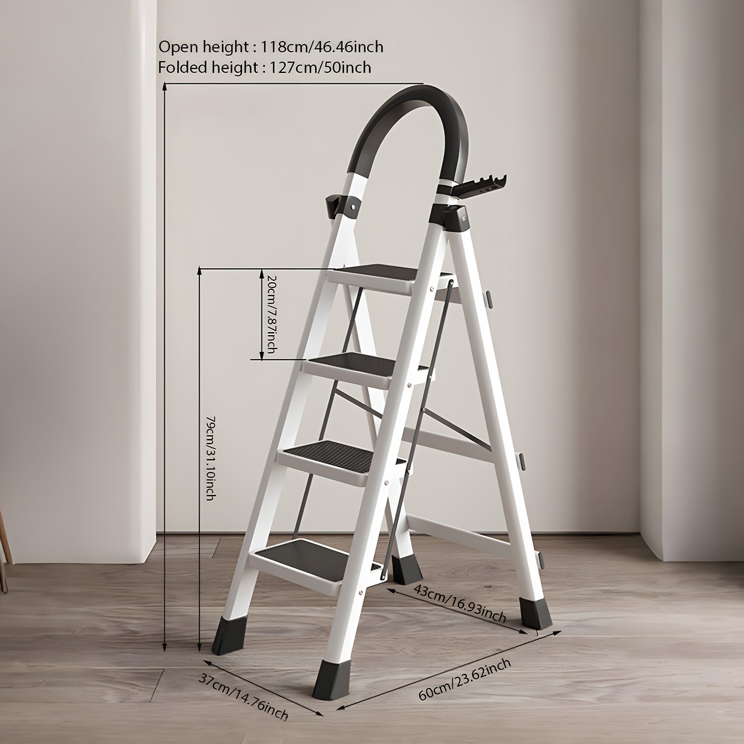 Opvouwbare Huishoudtrap met 3 Treden en Brede Antislip Pedalen