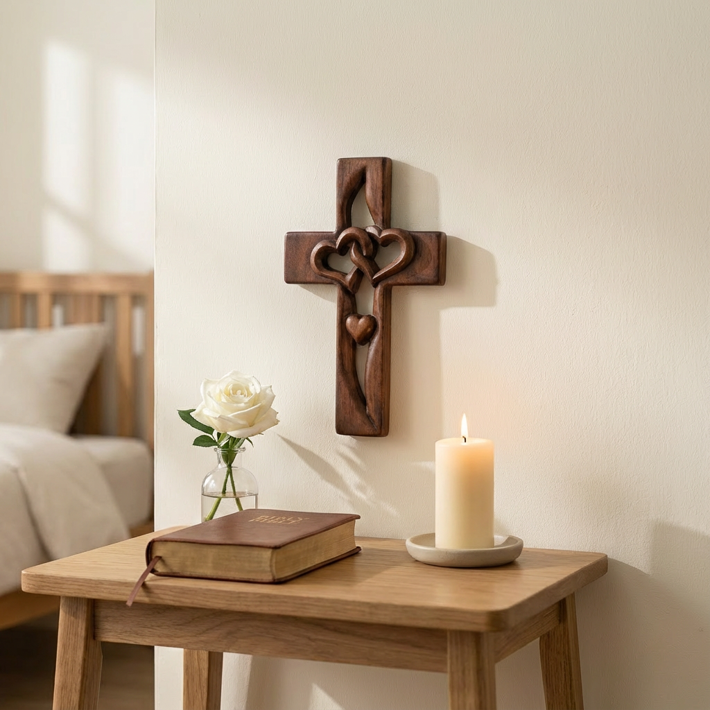 Wandkruis Hout Handgesneden Hartmotief Warm Decoratief Ontwerp