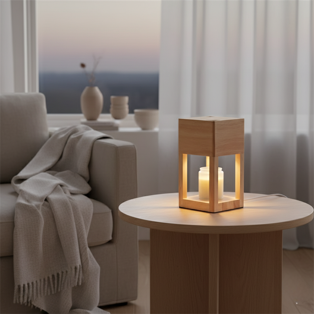 Houten Tafellamp met Warme LED‑Sfeerverlichting en Waxverwarmer