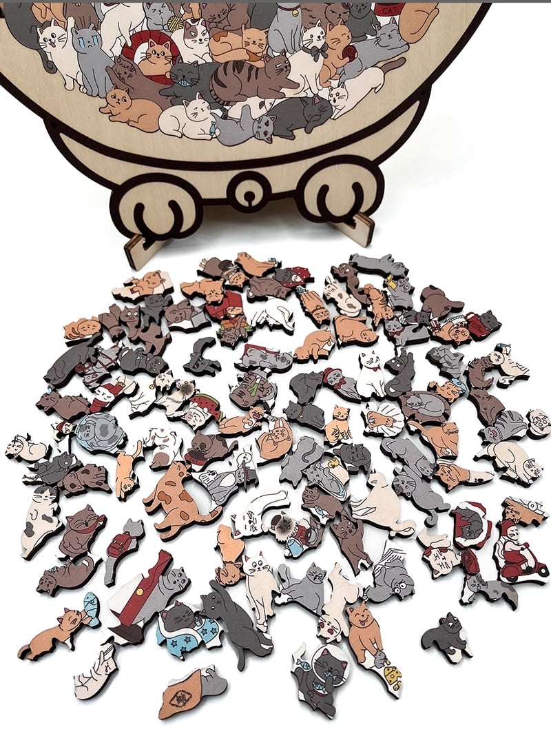 Rustgevende Houten Kattenpuzzel in Morandi‑kleuren