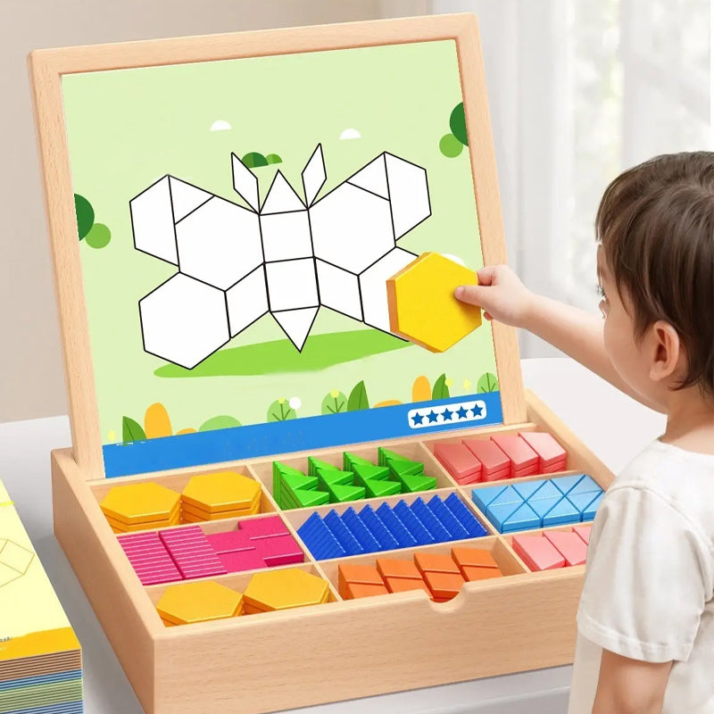 Magnetisch Legspel van Hout met Vormen en Bijpassende Voorbeeldkaarten