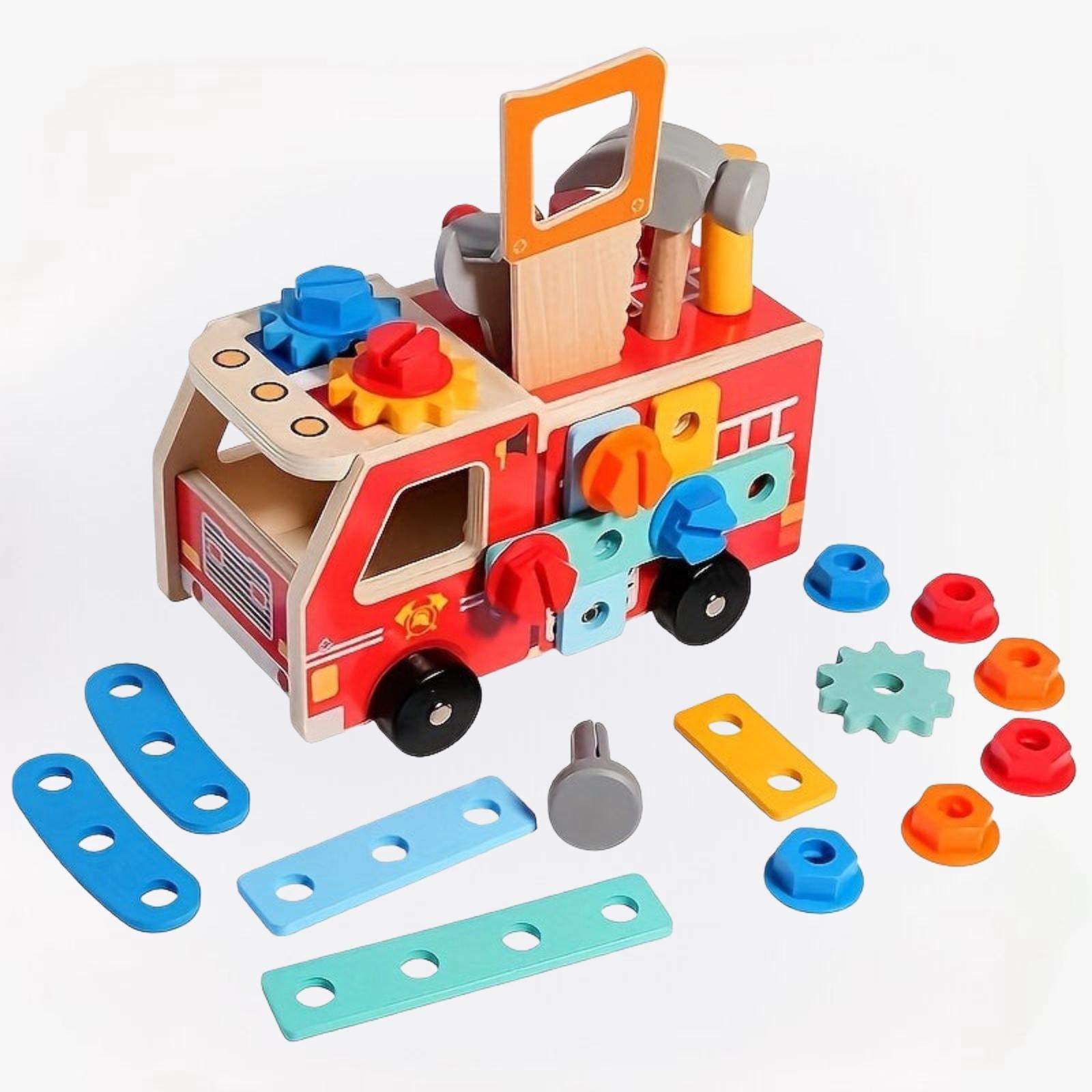 Montessori Houten Brandweerauto met Gereedschap voor Creatief Bouwplezier