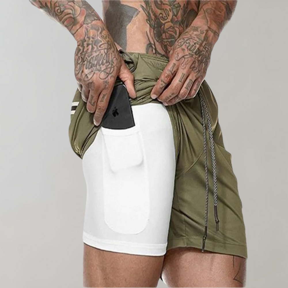 Heren 2-in-1 Sportshort met Compressiebinnenbroek en Ritszakken