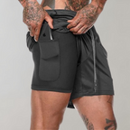 Heren 2-in-1 Sportshort met Compressiebinnenbroek en Ritszakken