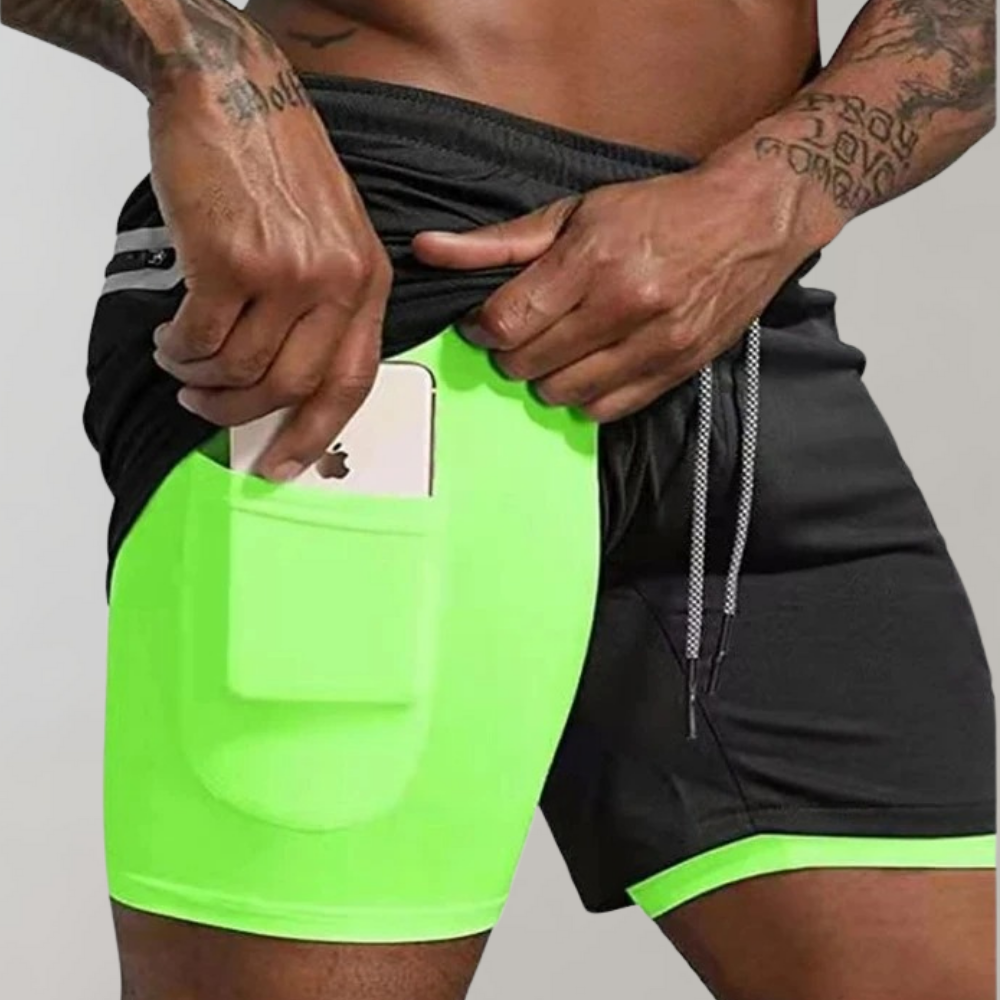 Heren 2-in-1 Sportshort met Compressiebinnenbroek en Ritszakken