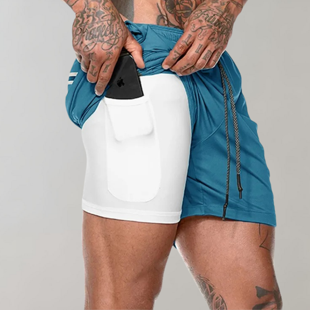 Heren 2-in-1 Sportshort met Compressiebinnenbroek en Ritszakken