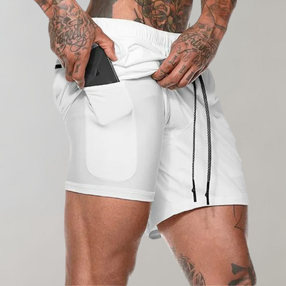 Heren 2-in-1 Sportshort met Compressiebinnenbroek en Ritszakken