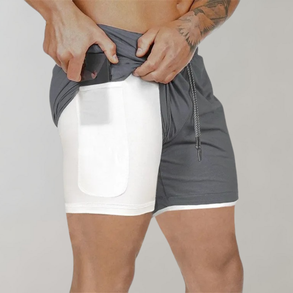 Heren 2-in-1 Sportshort met Compressiebinnenbroek en Ritszakken