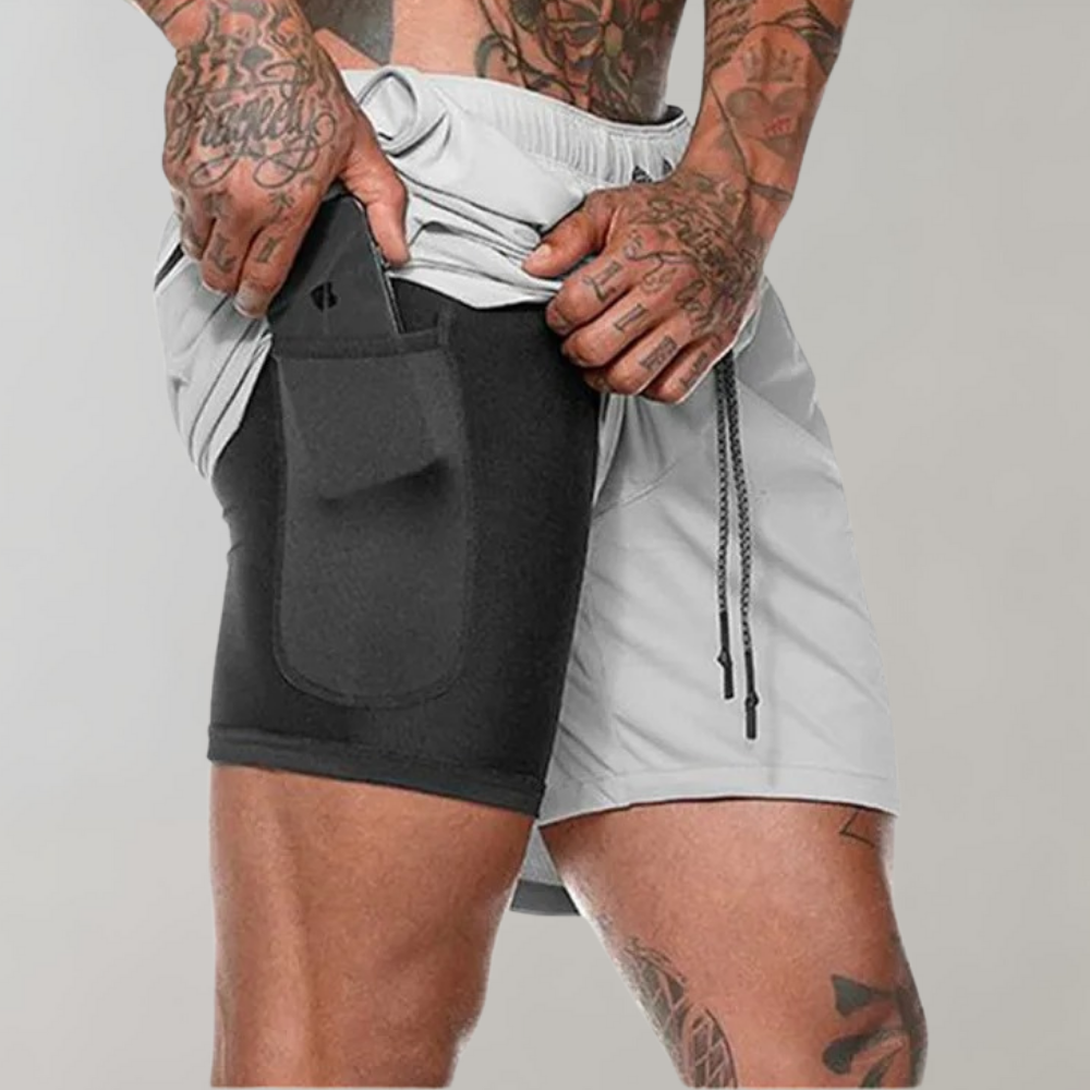 Heren 2-in-1 Sportshort met Compressiebinnenbroek en Ritszakken