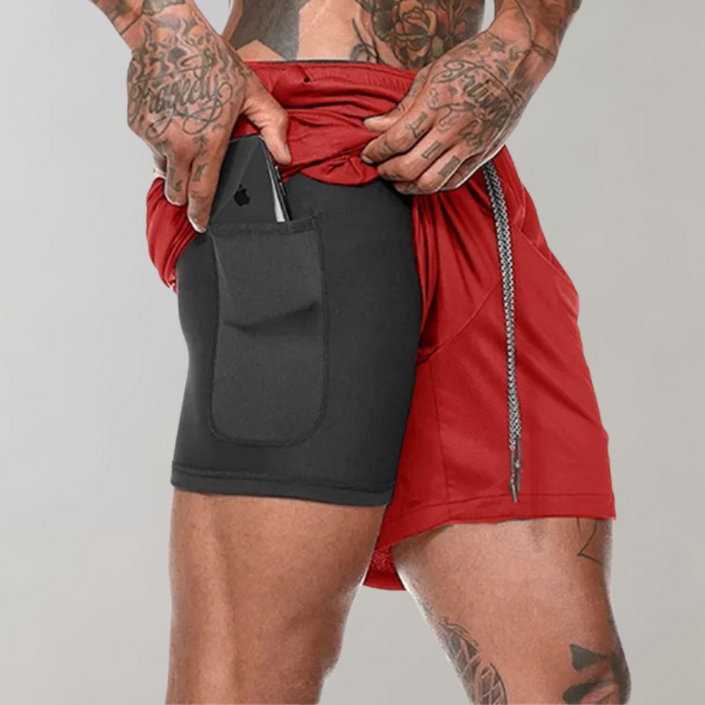Heren 2-in-1 Sportshort met Compressiebinnenbroek en Ritszakken