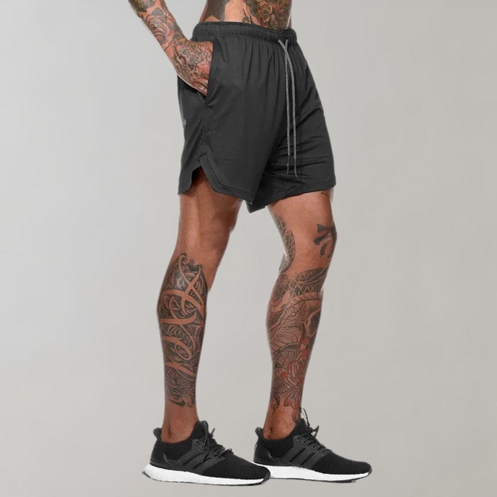 Heren 2-in-1 Sportshort met Compressiebinnenbroek en Ritszakken