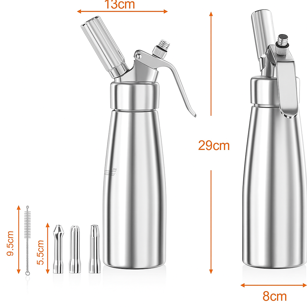 Professionele Slagroomspuit van Aluminium met 3 Decoratiespuitmondjes